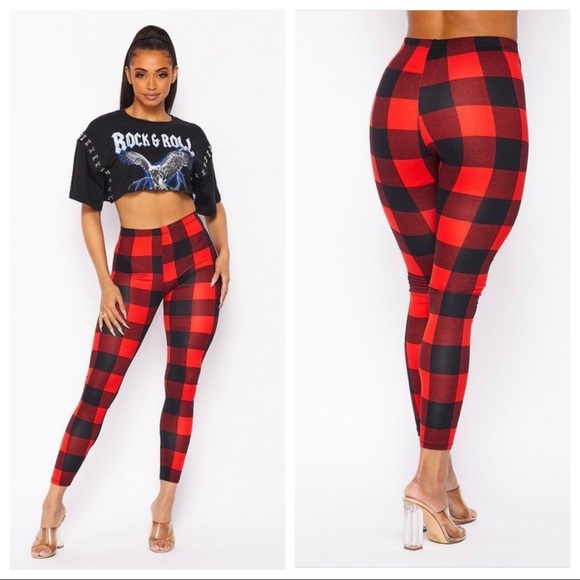 NEW FALL TRENDY RED BLACK PLAID FLANNEL THICK LEGGINGS - Picture 1 of 14